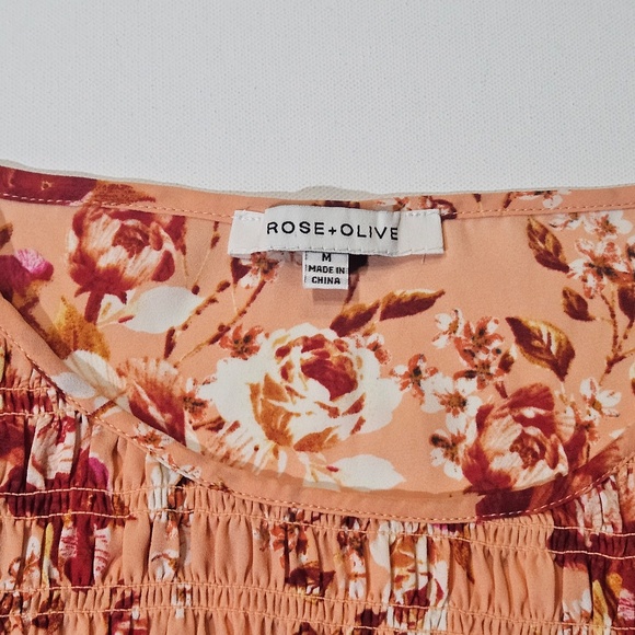 Rose + Olive Blouse Womens Medium Orange Floral Smocked Long Sleeve Boho Top - Picture 3 of 8